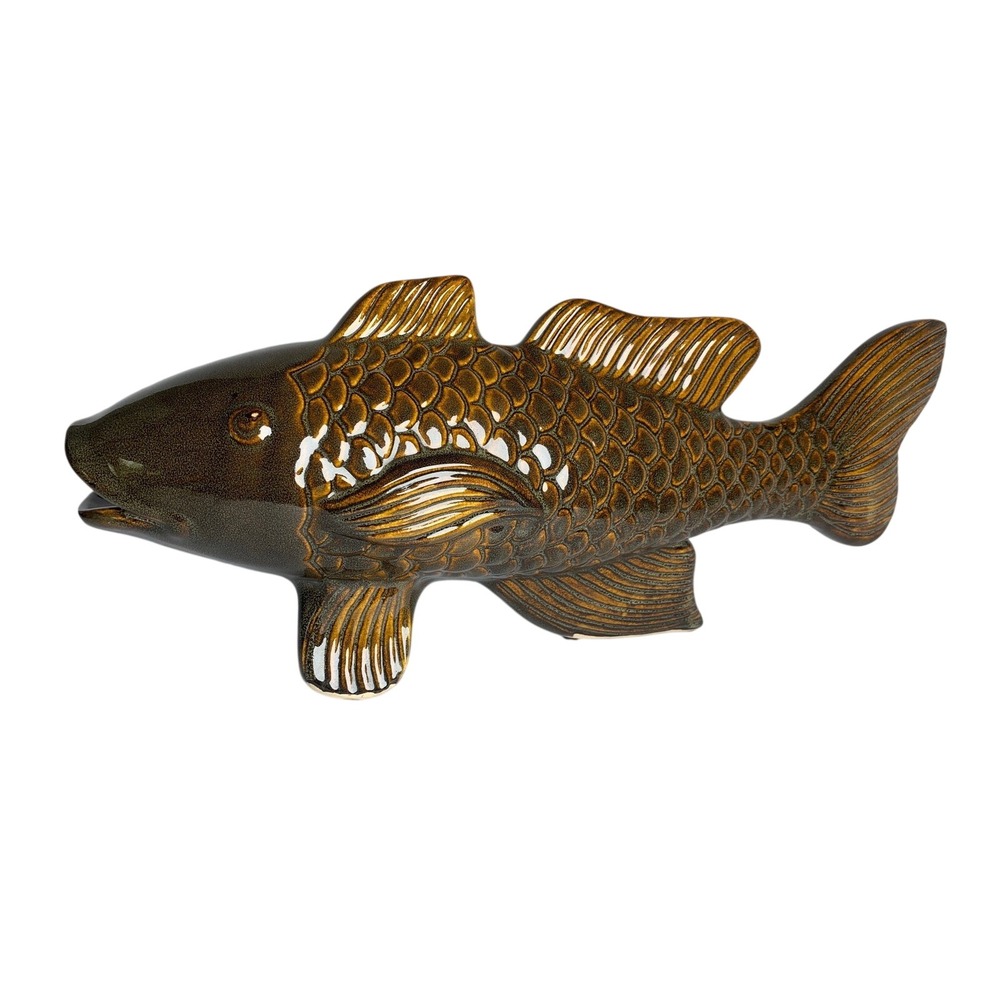 Vintage Ceramic Koi Fish Figurine Brown Gold‎ Drip Glaze Large 19 Inch Sculpture